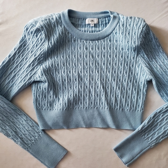 Revolve LPA Poppy Cable Knit Padded Shoulder Wool Blend Blue Cropped Sweater - Picture 4 of 8